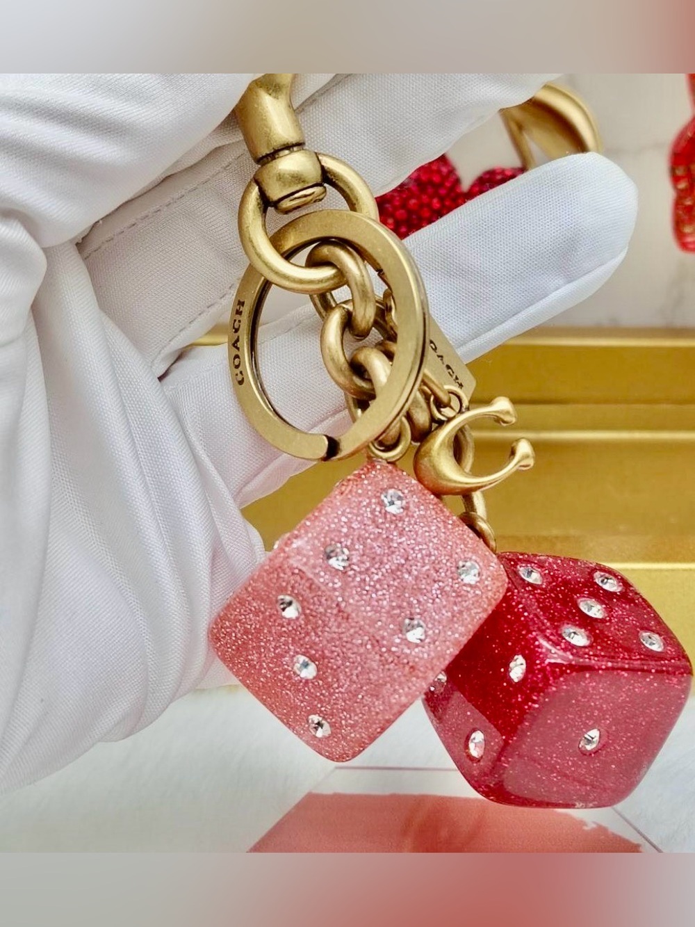 Coach Pink and Red Glitter Dice Key Charm/bag charm w/ Crystal Accents Like New